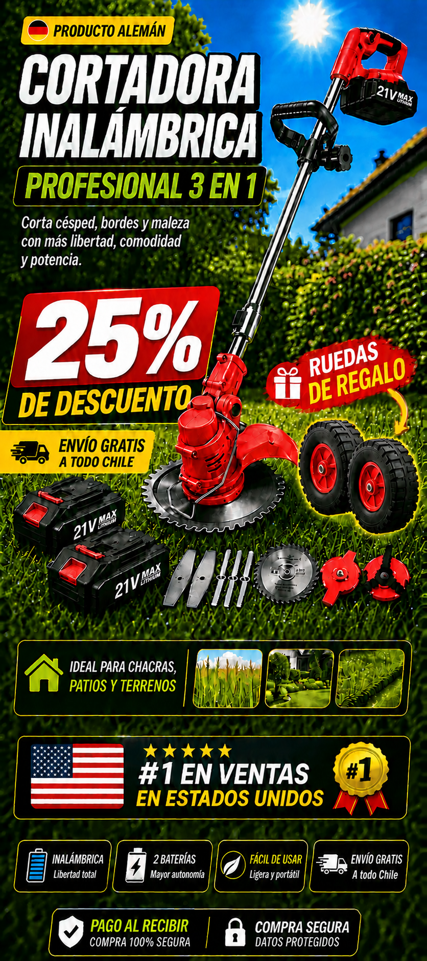 Podadora de pasto inalámbrica + Ruedas
